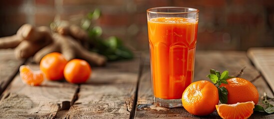 Poster - A glass of healthy carrot and tangerine juice on a wooden table, ideal for incorporating copy space image.