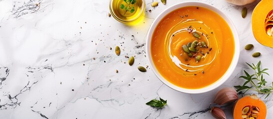 Poster - A bowl of homemade pumpkin soup garnished with pumpkin oil and seeds on a marble background with copy space image.