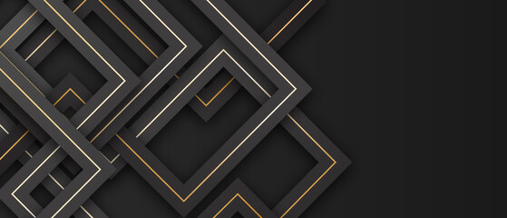 Canvas Print - black geometric tech background with abstract golden lines