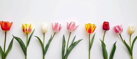 Aufkleber - Beautiful flat lay floral background featuring tulip flowers on a white backdrop, suitable for occasions like Mother's Day or weddings. Perfect for a greeting card with copy space image.