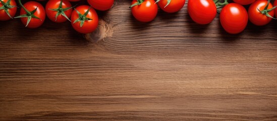 Poster - Cherry tomatoes placed on a wooden table with a clear space in the image, shot from above.