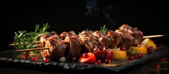 Poster - Skewered meat dish with copy space image.
