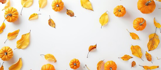 Aufkleber - Creative autumn-themed layout with small pumpkins and yellow leaves on a white background, top view with copy space image.