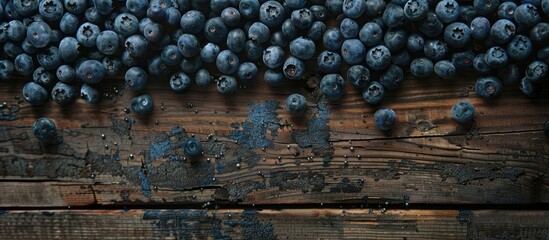 Poster - Blueberries stacked on top of a weathered wooden surface, viewed from above, with a spacious area for additional images.