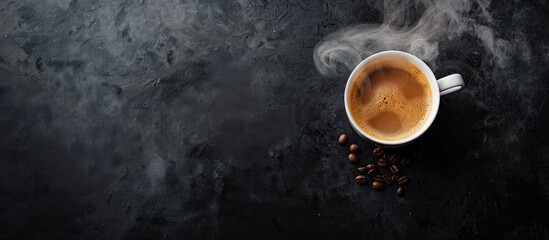 Poster - Flat lay of a steaming cup of aromatic hot coffee on a dark background with copy space image.