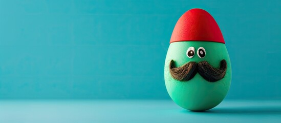 Poster - Close-up photograph of a festive green mustache egg wearing a red cap on a blue backdrop, ideal for an Easter copy space image with a minimalistic design concept.