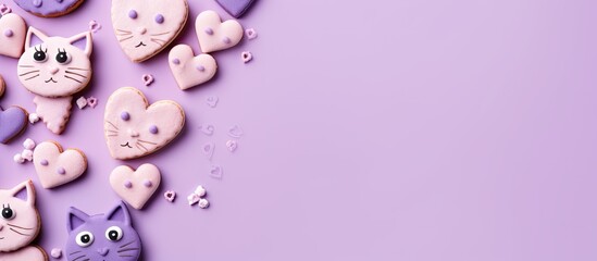 Aufkleber - Light purple paper background with Valentine cat-shaped cookies, featuring copy space image.