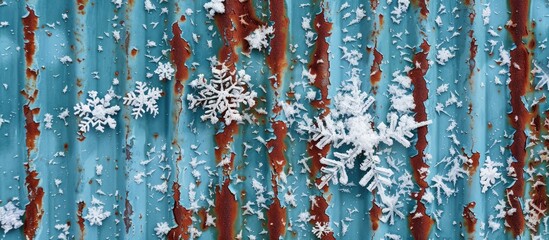 Fototapete - Winter snowflakes on a painted metal profiled wall in a copy space image.