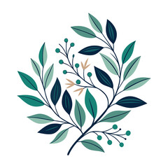 Sticker -  A stylized botanical design features a sprig with green leaves and pink blossoms.