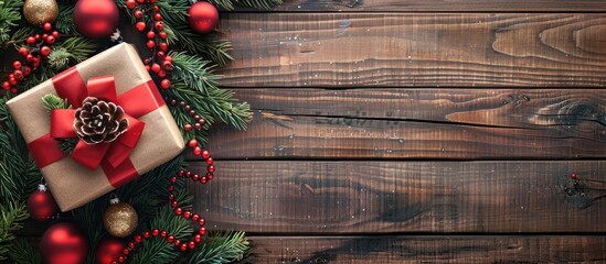 Aufkleber - A festive arrangement of coniferous branches, gift box, ornaments, and a red bow on a wooden background with copy space image.