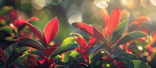 Wall Mural - Close-up of vibrant red Photinia glabra Robin leaves reaching for morning sunlight amidst dense green foliage, red flowers, creating an ideal copy space image with selective focus.