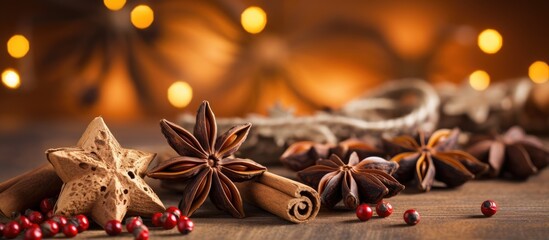 Aufkleber - Close-up Christmas decorations featuring wooden stars and spices on a bright background with copy space image.