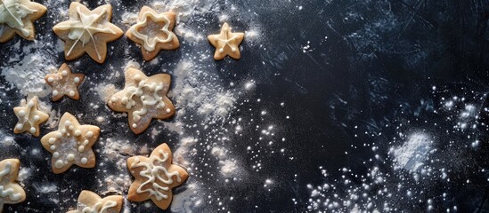 Poster - Top view of a frame of flour with Christmas cookie baking shapes on a dark background. Christmas food concept with a flat lay composition including copy space image.