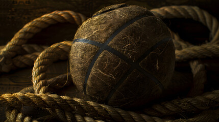 Poster - A large, old, worn, and dirty volley ball on a rope