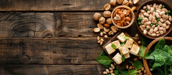 Poster - Varieties of plant-based protein sources like tofu, beans, nuts, and spinach are commonly found in vegan diets, against a rustic wooden backdrop with room for additional elements like text or images.