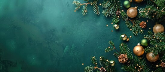 Wall Mural - A vibrant green background featuring fir branches adorned with golden and silver ornaments, perfect for showcasing a copy space image in a flat lay style.