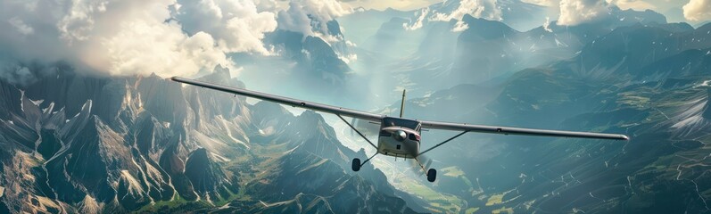 Small single-engine propeller airplane flies over green mountains with blue sky and white clouds. Perfect for travel agency and tours in Italy Dolomites scenery. Realistic photo of aircraft in flight.