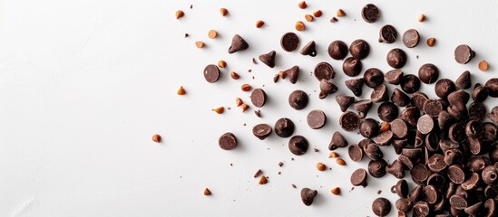 Poster - Chocolate chips with nuts displayed on a white background with copy space image.