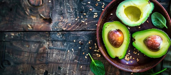 Poster - Top view of a nutritious vegetarian avocado breakfast displayed on dark wood, depicting a concept of healthy food, with ample copy space image available.