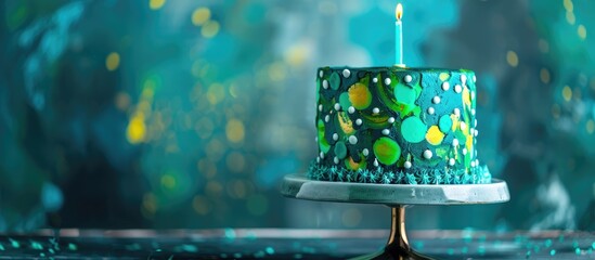 Poster - Copy space image of a cake adorned with abstract green and blue decorations, featuring a single candle.