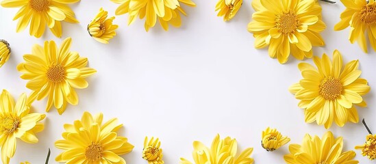 Poster - Rectangular frame with vibrant yellow chrysanthemums on a white isolated backdrop, evoking a summer vibe, with space for copy space image.