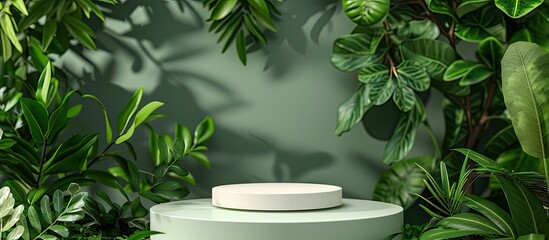 Fototapete - Stylish podium mockup for organic cosmetics ad on fresh green leaves background, with a minimalist flatlay design and a template for a copy space image.