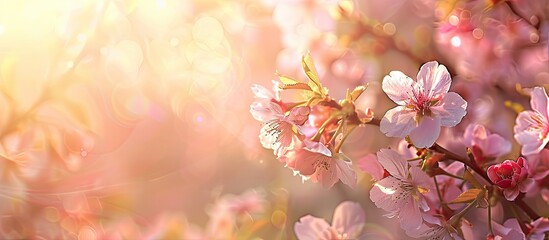 Poster - Capture the beauty of spring with a macro image of blooming Japanese cherry branches against a sunny floral background, ideal for wallpaper or greeting cards, featuring copy space.