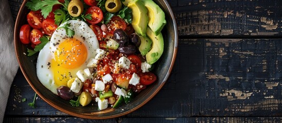 Poster - A nourishing keto paleo breakfast with a boiled egg, cherry tomato salsa, avocado, feta cheese, and olives on a dark wooden surface for a copy space image.