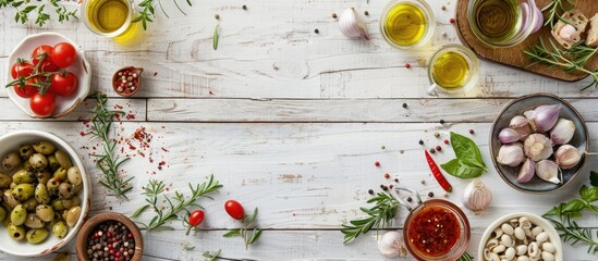 Poster - White wood table displaying Mediterranean food ingredients with a copy space image.