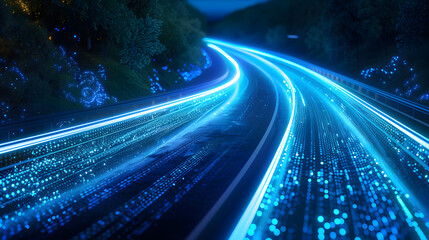 Poster - digits abstract road with blue light trails , data transfer speed and digitization concept