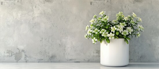 Poster - White pot with kalanchoe plant on a gray cement background, with copy space image.