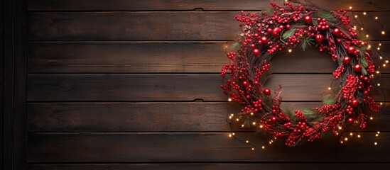 Poster - Christmas wreath adorned with red berries and twinkling fairy lights displayed on a rustic wooden door, with a blank area for text, copy space image.