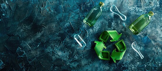 Poster - A green recycle logo with glass items on a blue weathered background, designed for a copy space image.