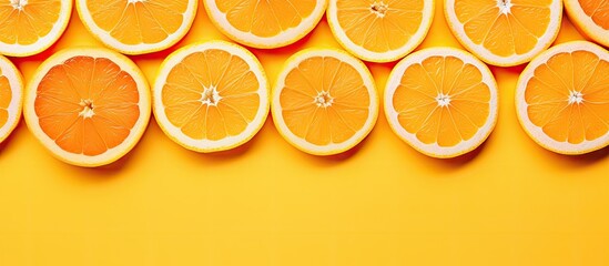 Aufkleber - Top view of a creative pop art design featuring fresh orange slices on a yellow backdrop with copy space image. Displaying half a citrus fruit in a minimal flat lay style, embodying a vibrant summer