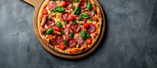 Poster - Italian pizza with smoked sausages, pickled cucumbers, salami, and tomatoes on a wooden tray set against a gray background, providing copy space image.