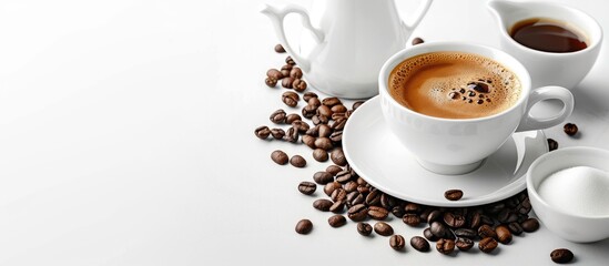 Poster - Coffee concept with a hot espresso cup, milk jug, sugar bowl, and coffee beans on a white background for copy space image.