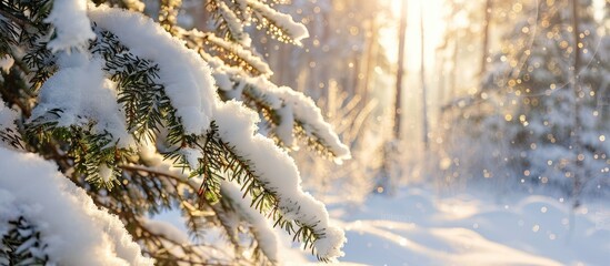 Aufkleber - Close-up image showcasing beautiful snow-covered spruce branches on a sunny day in a winter forest landscape in Finnish nature, ideal for a copy space image.