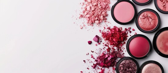 Poster - A variety of makeup products, like blush and decorative cosmetics, displayed elegantly on a clean white backdrop with copy space image.