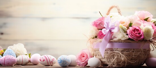 Poster - Easter holiday concept featuring Easter eggs in a basket and rope, adorned with paper flowers on a wooden background with copy space image.