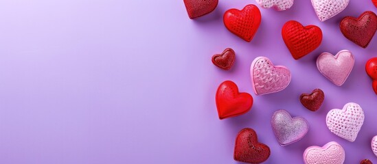 Poster - Top view of red and pink hearts on a purple background for Valentine's Day, with a flat lay style and available copy space image.