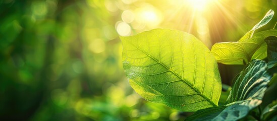Poster - Close-up view of a green leaf in sunlight, with natural plants as a background. Great for wallpaper or copy space image.