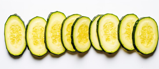 Poster - Top view of freshly sliced zucchini on a white background with ample copy space image for text.