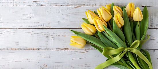 Poster - Spring-themed bouquet of yellow tulips with a green ribbon, displayed in a close-up portrait on a white wooden backdrop, creating a charming copy space image