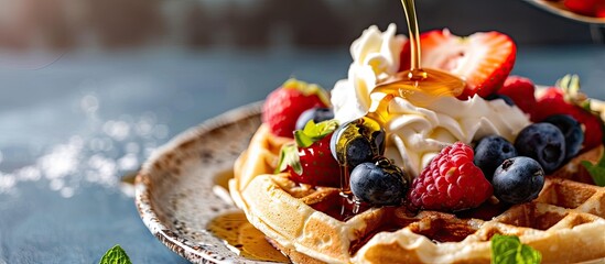 Canvas Print - Close-up image of pouring maple syrup onto waffle with fruit and whipped cream, providing copy space for text or graphics.