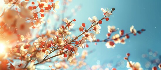 Aufkleber - Flowers and fruit tree buds branch against a blue sky with copy space image.
