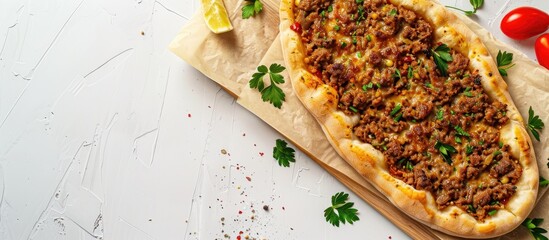 Poster - Turkish minced meat pide on a white background, with a copy space image.