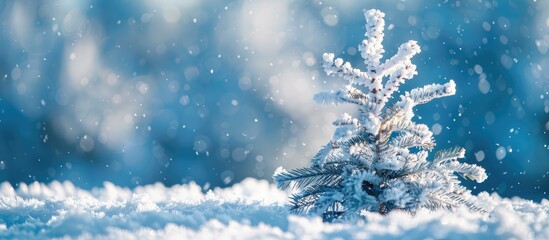 Aufkleber - A small pine tree covered in fresh snow against a blurred blue background, ideal for a Merry Christmas and Happy New Year greeting postcard with copy space image.
