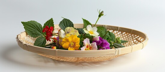 Aufkleber - Perilla flowers displayed on a bamboo colander, perfect as a sashimi garnish in a copy space image.
