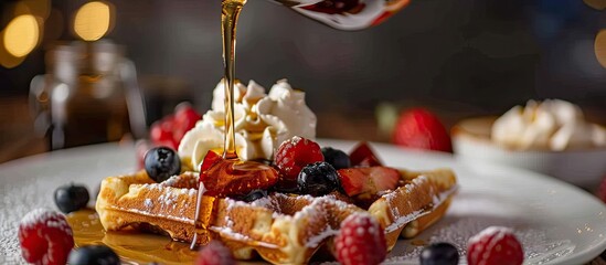 Poster - Close-up image of pouring maple syrup onto waffle with fruit and whipped cream, providing copy space for text or graphics.