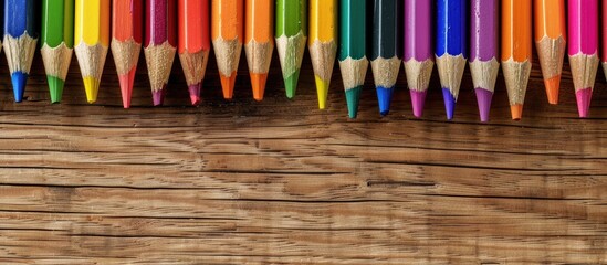Poster - Colorful pencils arranged on a desk with a blank area for additional content, such as text or images.